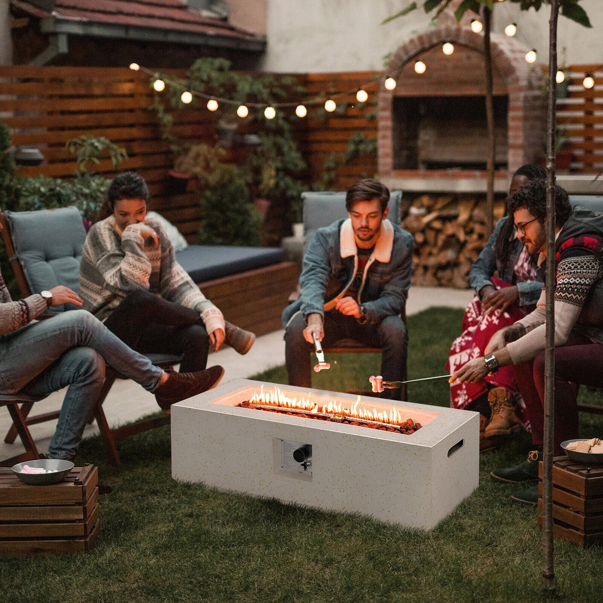 42 Inch 50 000 BTU Rectangle Terrazzo Fire Pit Table with PVC Cover-White-Fire Pit Tables-DECOROLALA