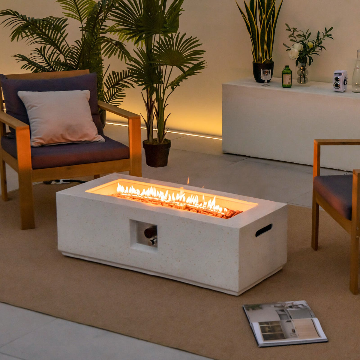 42 Inch 50 000 BTU Rectangle Terrazzo Fire Pit Table with PVC Cover-White-Fire Pit Tables-DECOROLALA
