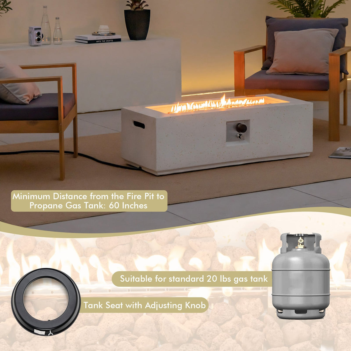 42 Inch 50 000 BTU Rectangle Terrazzo Fire Pit Table with PVC Cover-White-Fire Pit Tables-DECOROLALA