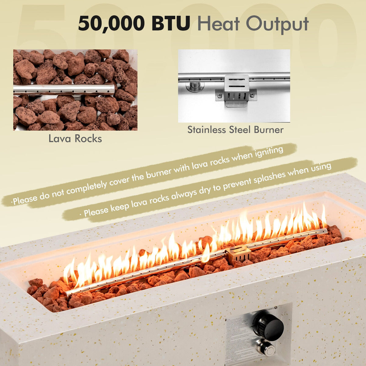 42 Inch 50 000 BTU Rectangle Terrazzo Fire Pit Table with PVC Cover-White-Fire Pit Tables-DECOROLALA