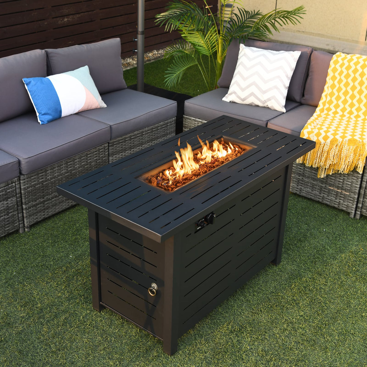 42 Inch 60 000 BTU Rectangular Propane Fire Pit Table with Waterproof Cover-Fire Pit Tables-DECOROLALA