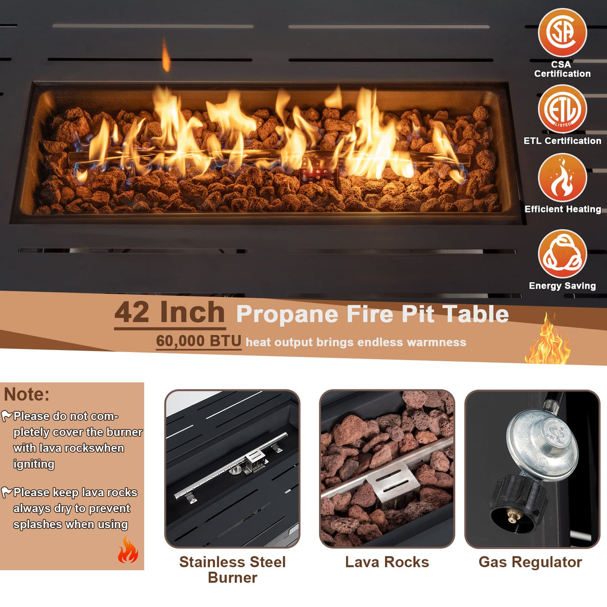 42 Inch 60 000 BTU Rectangular Propane Fire Pit Table with Waterproof Cover-Fire Pit Tables-DECOROLALA