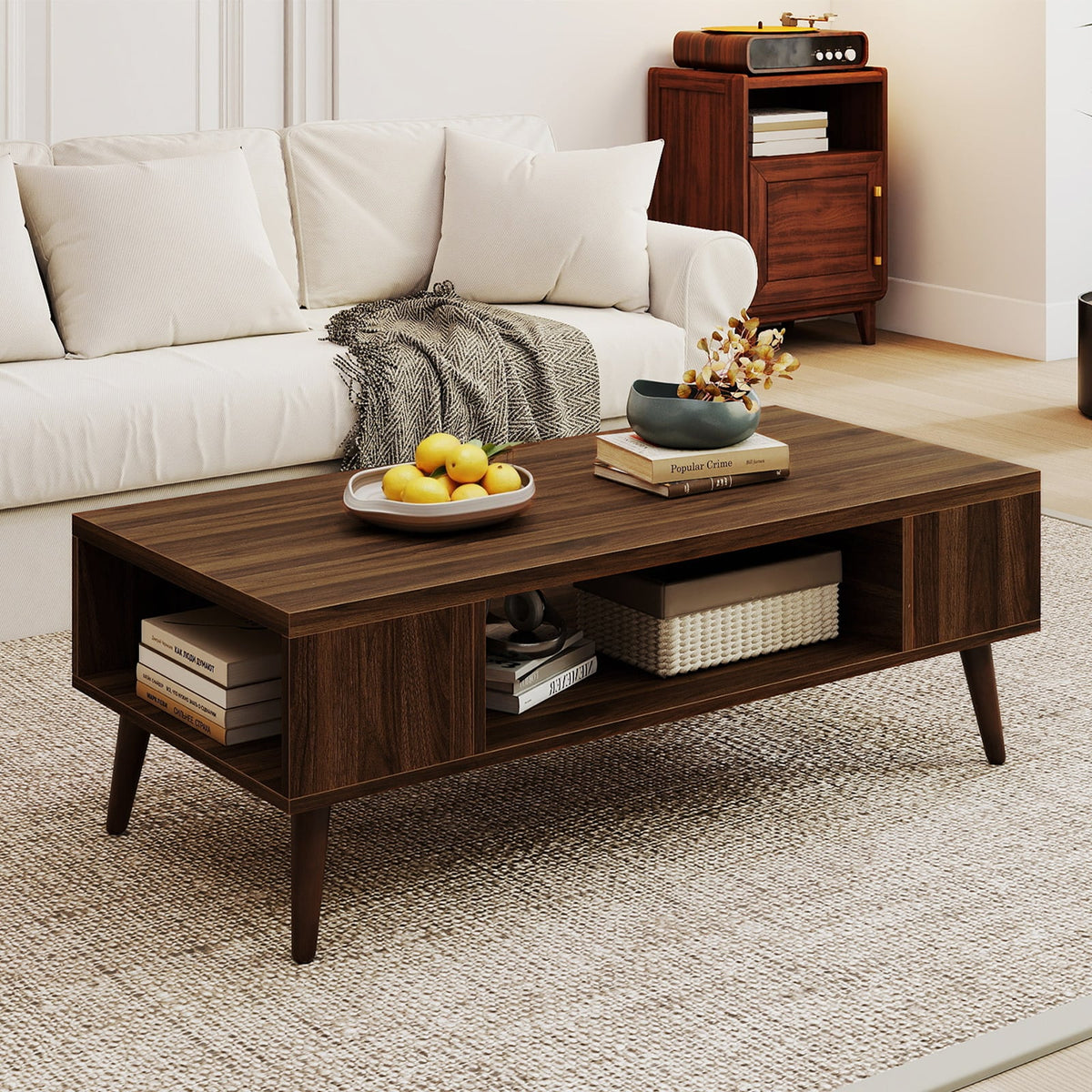 42 Inch Mid Century Modern Coffee Table Rectangular with Open Compartment-Walnut-Coffee Tables-DECOROLALA