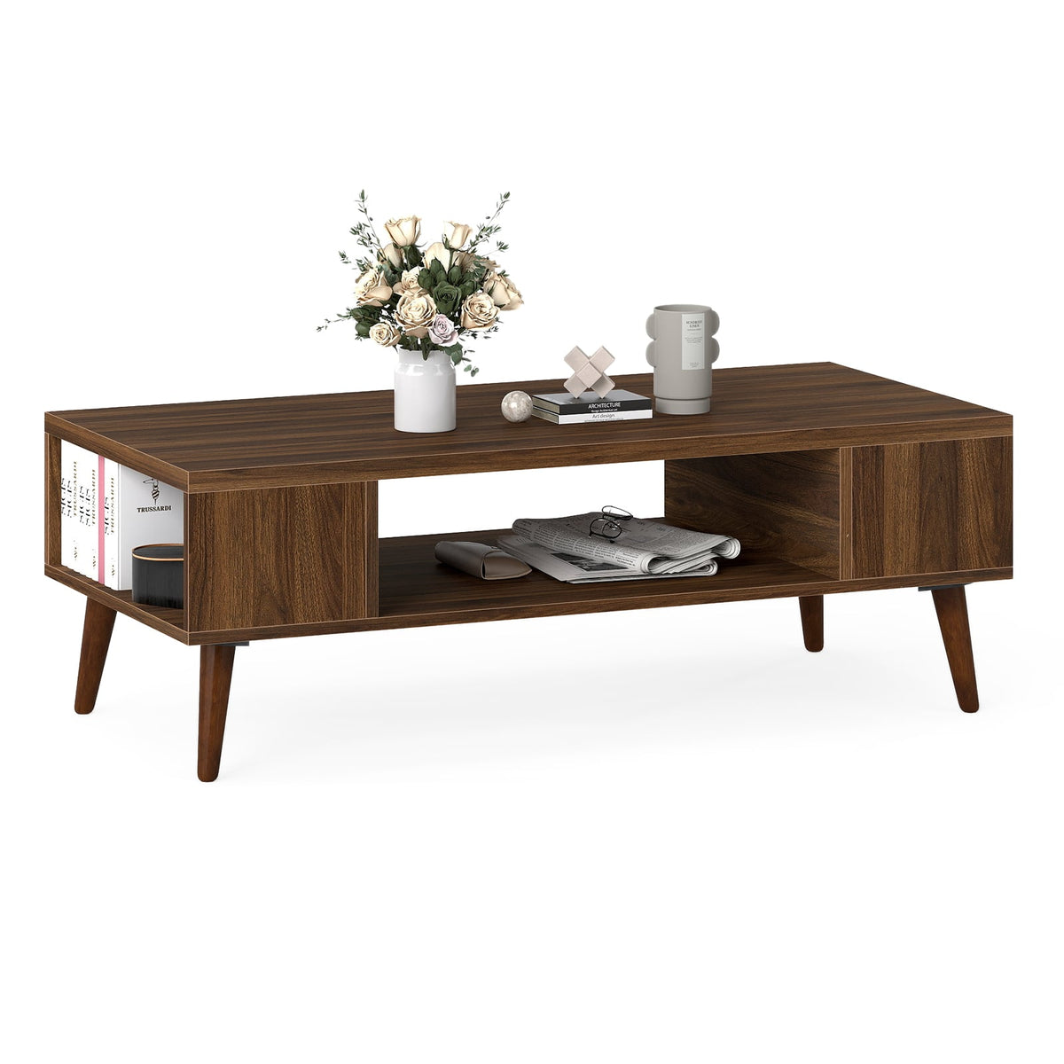 42 Inch Mid Century Modern Coffee Table Rectangular with Open Compartment-Walnut-Coffee Tables-DECOROLALA