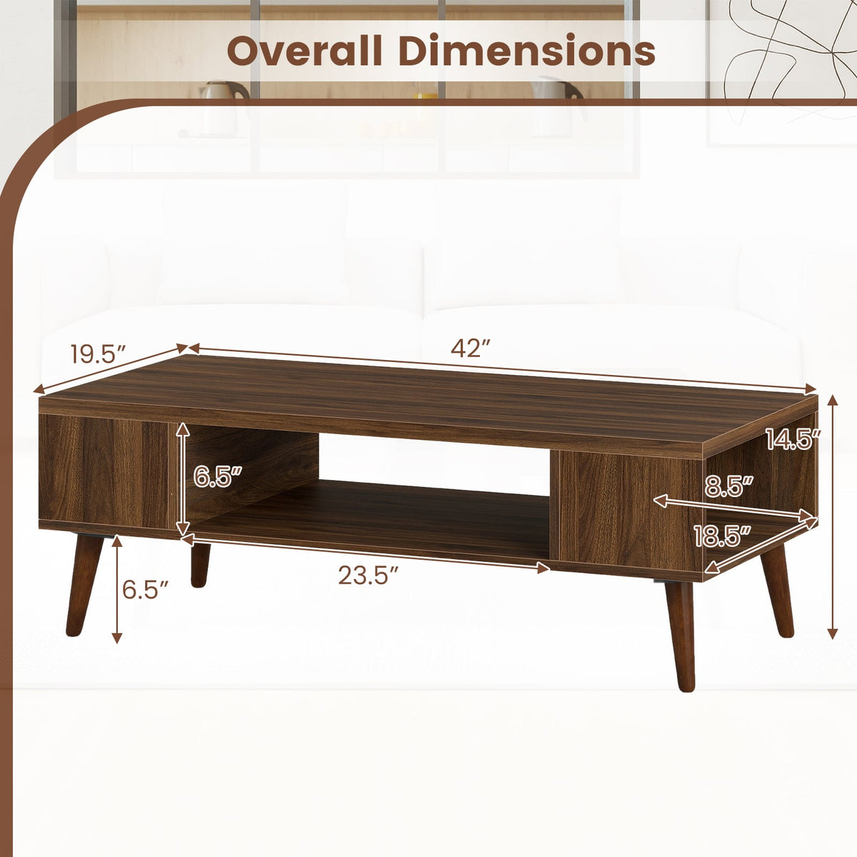 42 Inch Mid Century Modern Coffee Table Rectangular with Open Compartment-Walnut-Coffee Tables-DECOROLALA