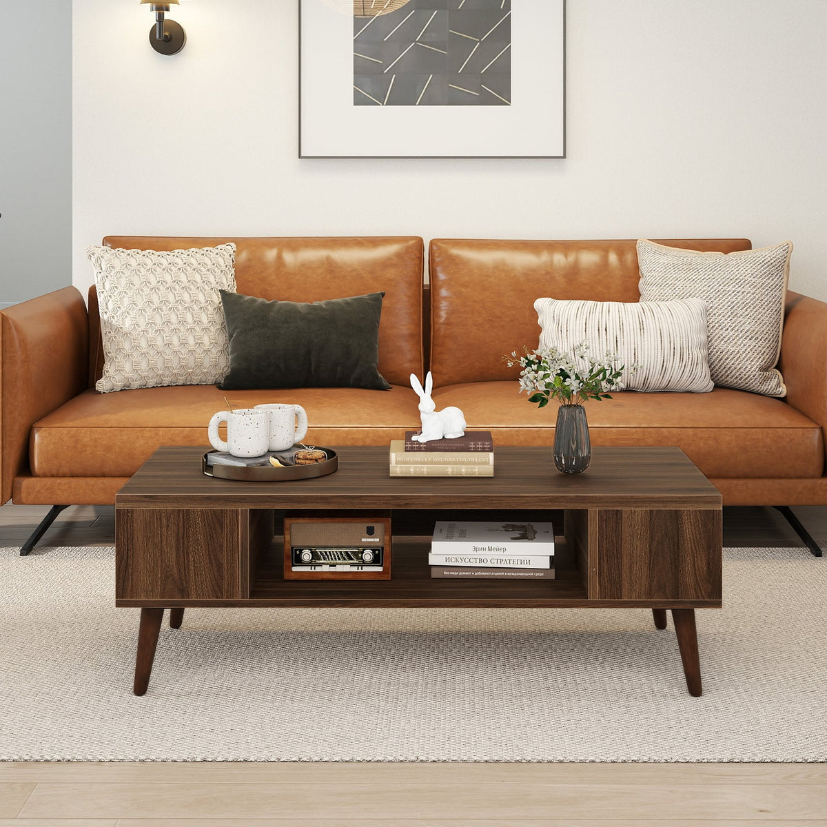 42 Inch Mid Century Modern Coffee Table Rectangular with Open Compartment-Walnut-Coffee Tables-DECOROLALA