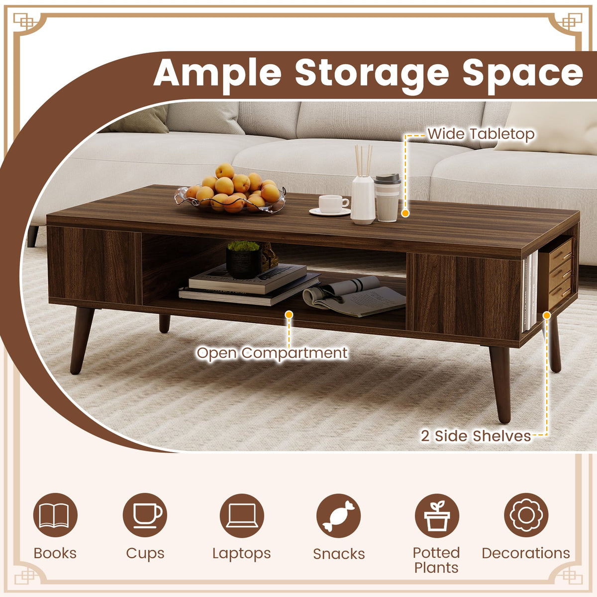 42 Inch Mid Century Modern Coffee Table Rectangular with Open Compartment-Walnut-Coffee Tables-DECOROLALA