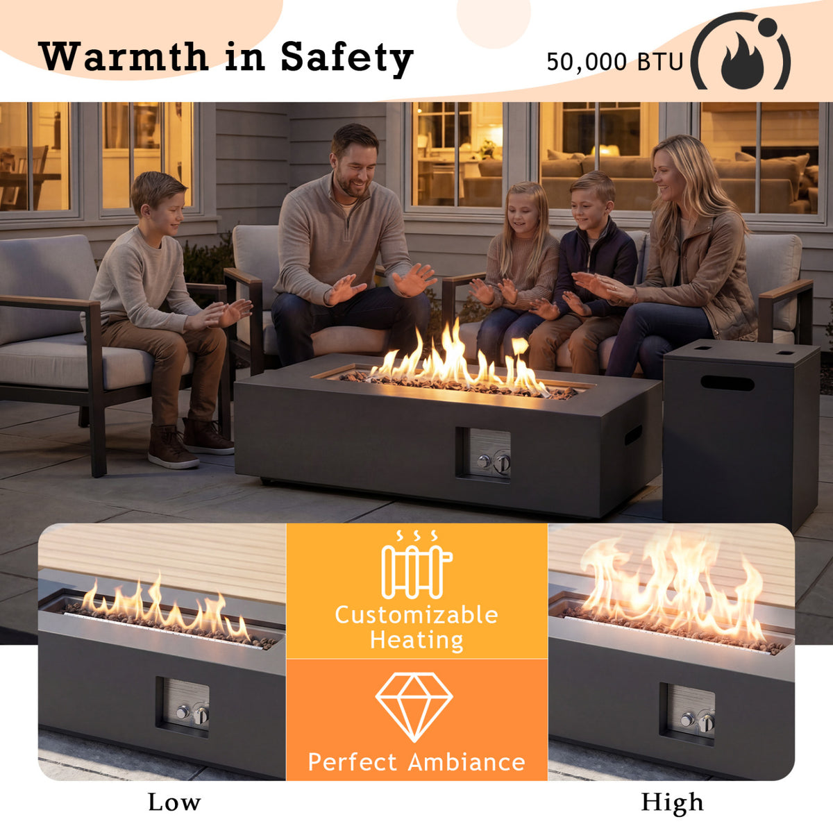 42 Inch Outdoor Rectangular Fire Table 50 000 BTU with Tank Holder-Black-Fire Pit Tables-DECOROLALA