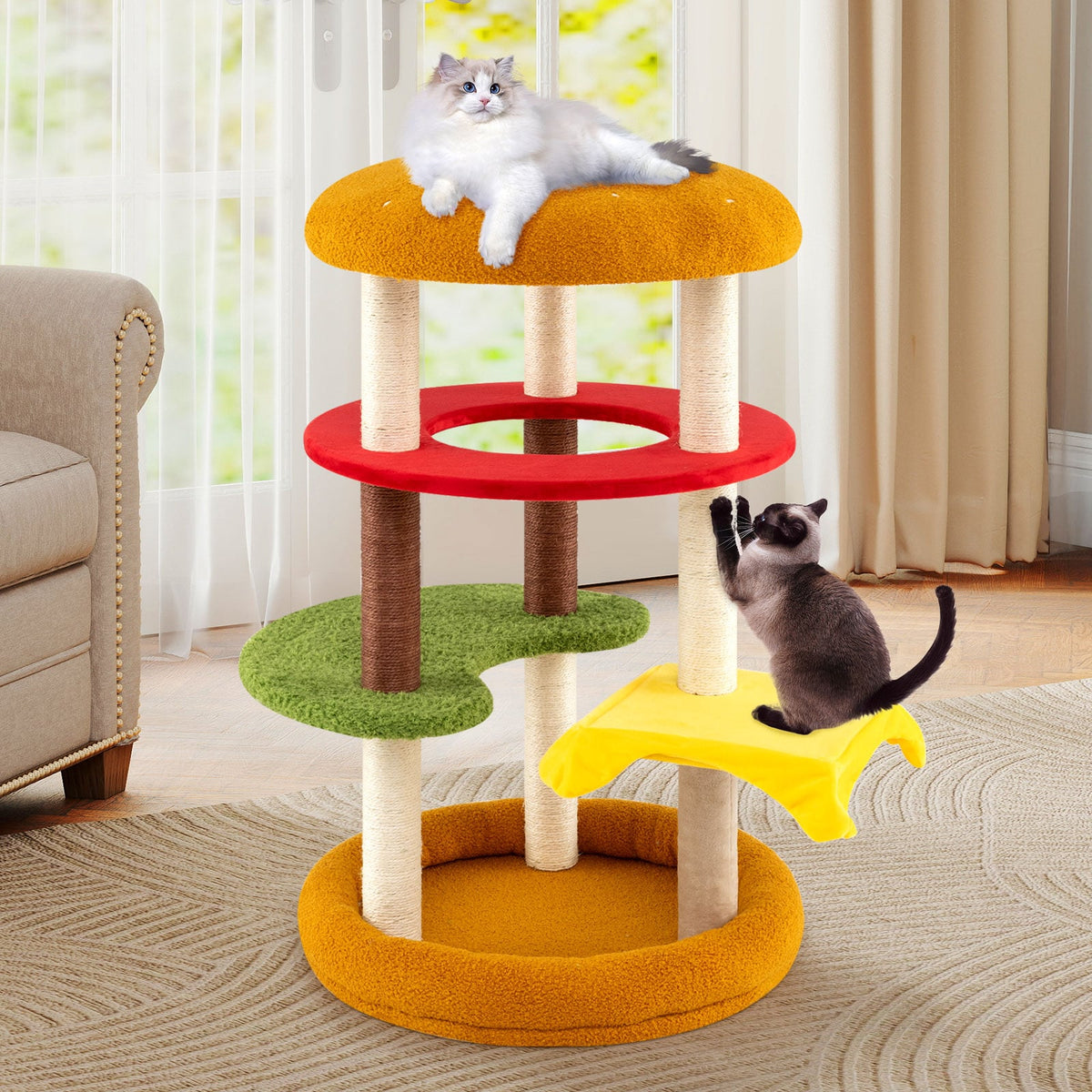 42 Inch Tall Modern Cat Tree Multi-Level with Padded Perch and Cat Bed-Yellow-Cat Trees & Scratchers-DECOROLALA