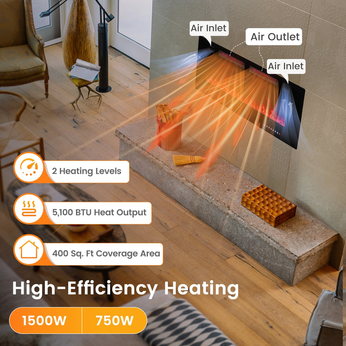 42 Inch Ultra-Thin Electric Fireplace with Decorative Crystals and Smart APP Control-42 inch-Fireplaces-DECOROLALA