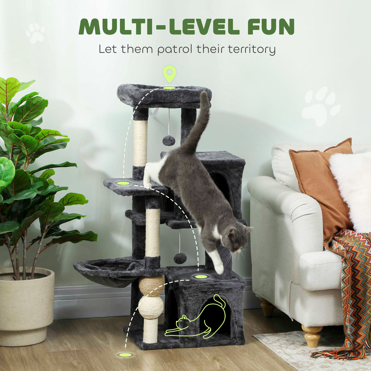 42" Multi-Level Cat Tree with 2 Condos & Hammock - Dark Grey-Cats-DECOROLALA