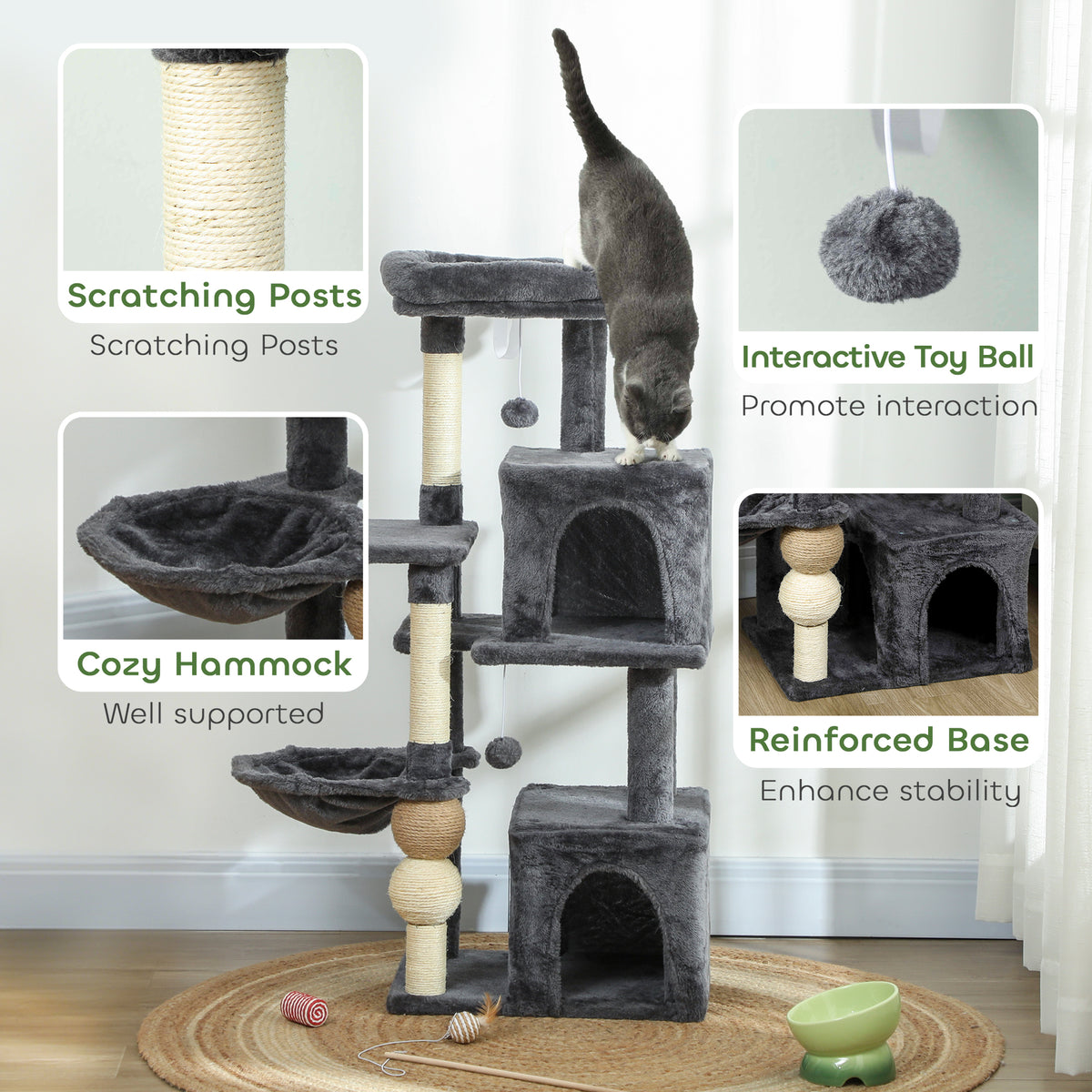42" Multi-Level Cat Tree with 2 Condos & Hammock - Dark Grey-Cats-DECOROLALA