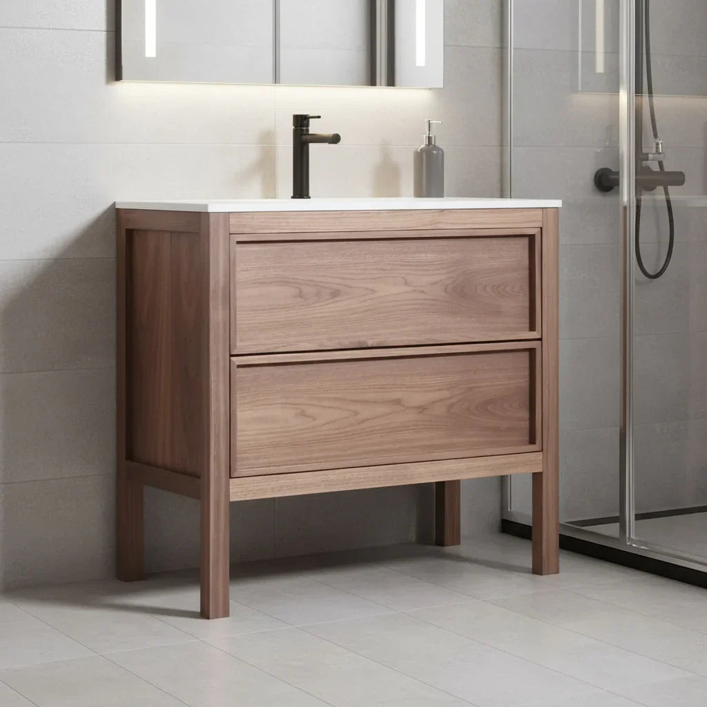 42" Natural Walnut Freestanding Bathroom Vanity with White Solid Surface Countertop-Migration_Bathroom Vanities-DECOROLALA