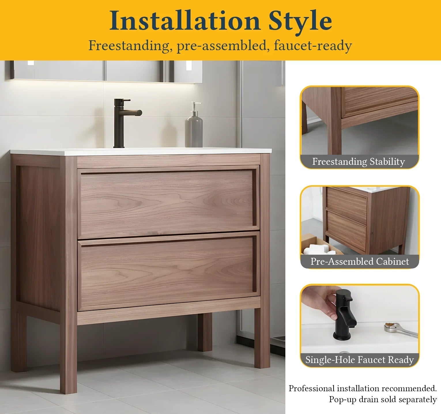 42" Natural Walnut Freestanding Bathroom Vanity with White Solid Surface Countertop-Migration_Bathroom Vanities-DECOROLALA