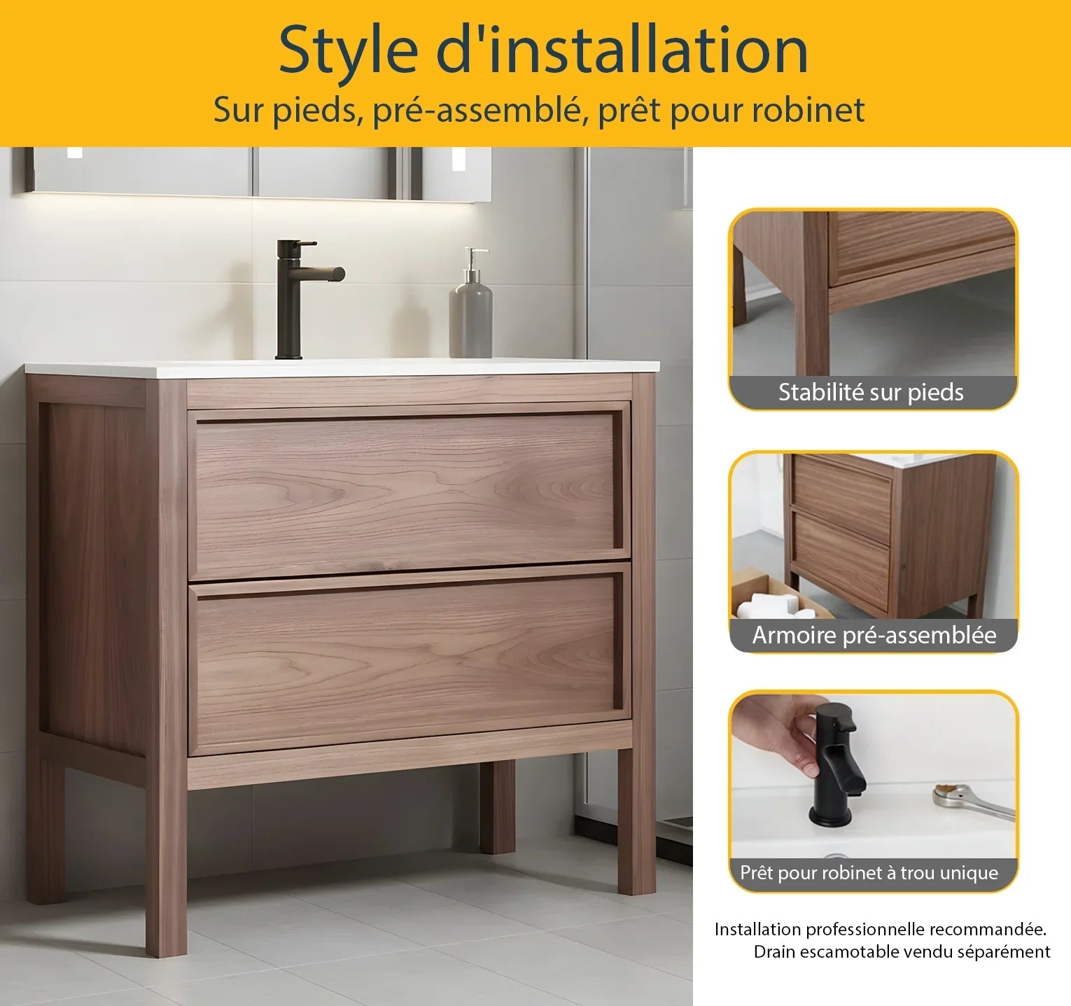 42" Natural Walnut Freestanding Bathroom Vanity with White Solid Surface Countertop-Migration_Bathroom Vanities-DECOROLALA