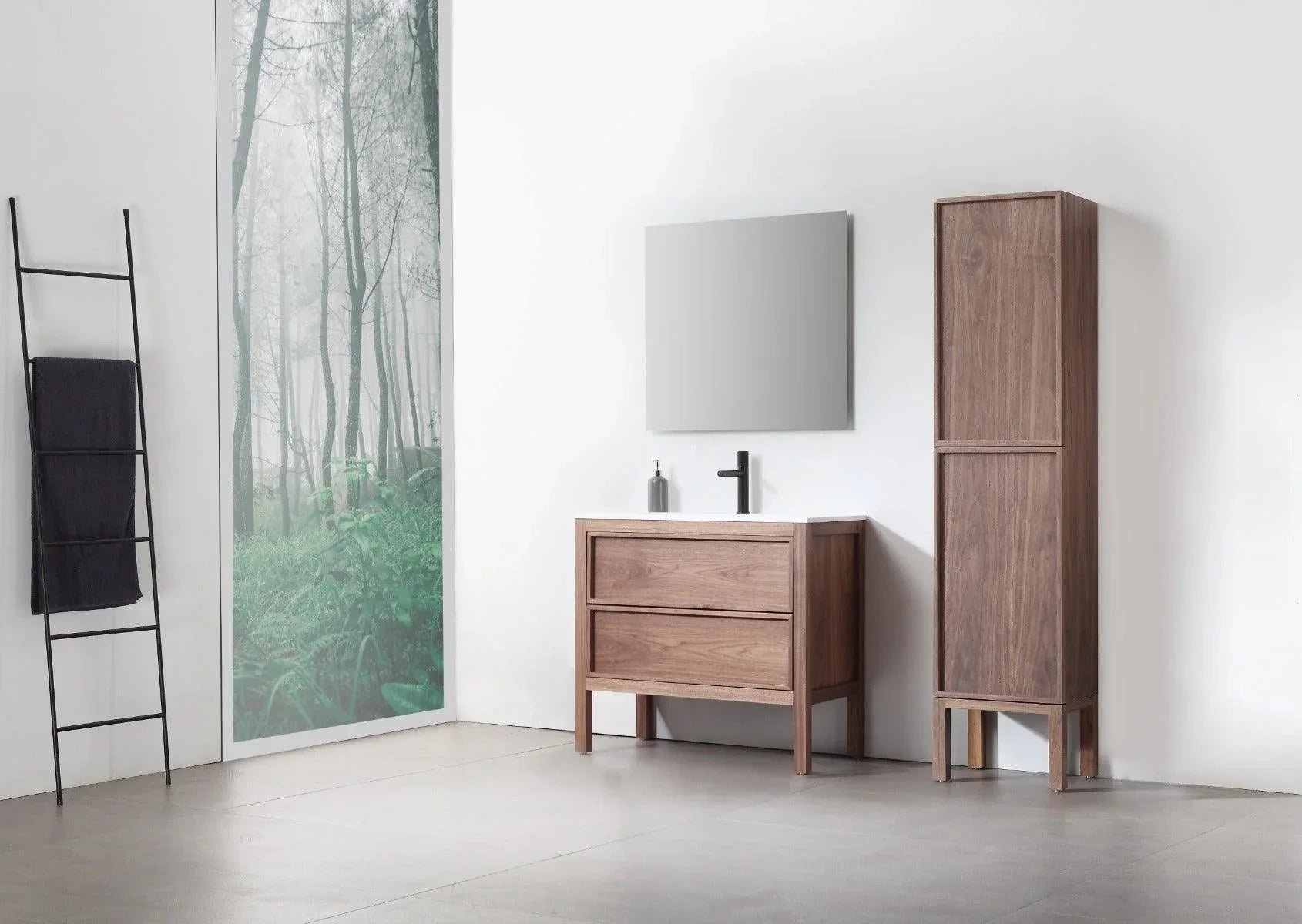 42" Natural Walnut Freestanding Bathroom Vanity with White Solid Surface Countertop-Migration_Bathroom Vanities-DECOROLALA