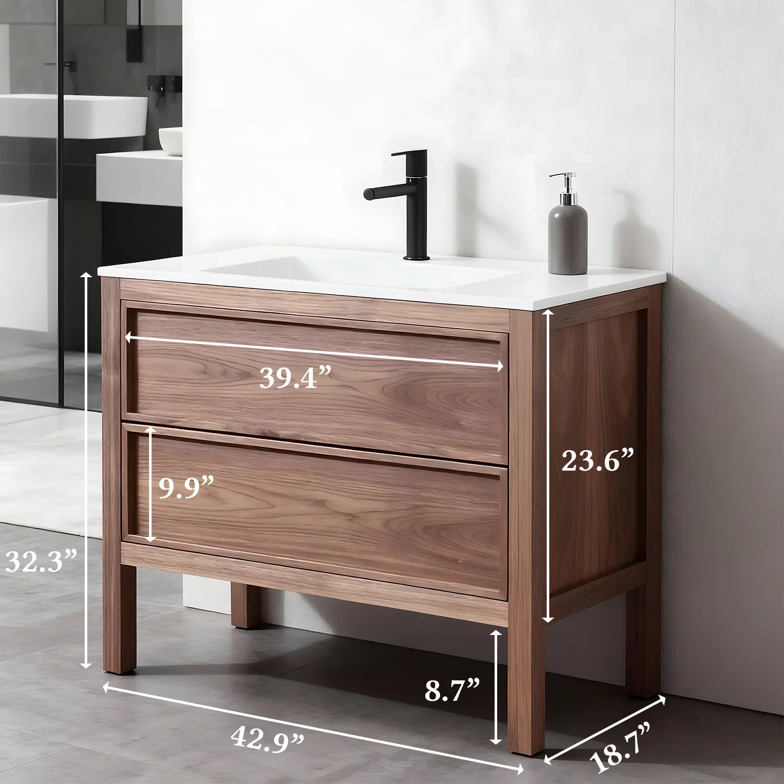 42" Natural Walnut Freestanding Bathroom Vanity with White Solid Surface Countertop-Migration_Bathroom Vanities-DECOROLALA