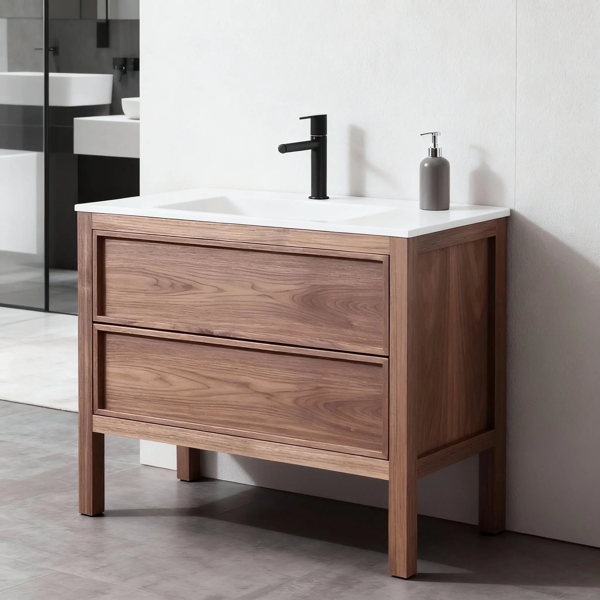 42" Natural Walnut Freestanding Bathroom Vanity with White Solid Surface Countertop-Migration_Bathroom Vanities-DECOROLALA