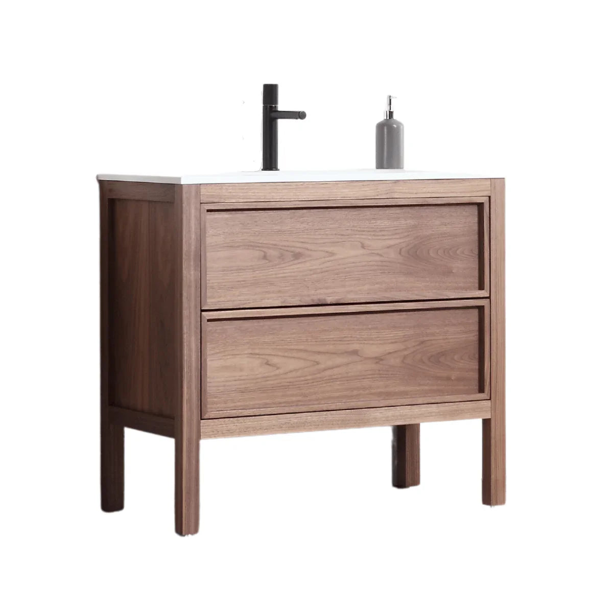 42" Natural Walnut Freestanding Bathroom Vanity with White Solid Surface Countertop-Migration_Bathroom Vanities-DECOROLALA