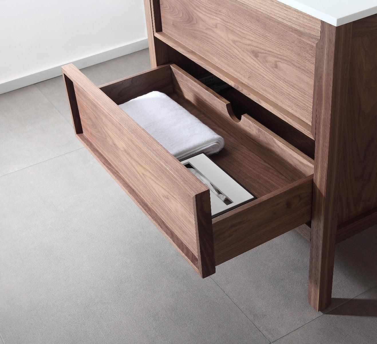 42" Natural Walnut Freestanding Bathroom Vanity with White Solid Surface Countertop-Migration_Bathroom Vanities-DECOROLALA