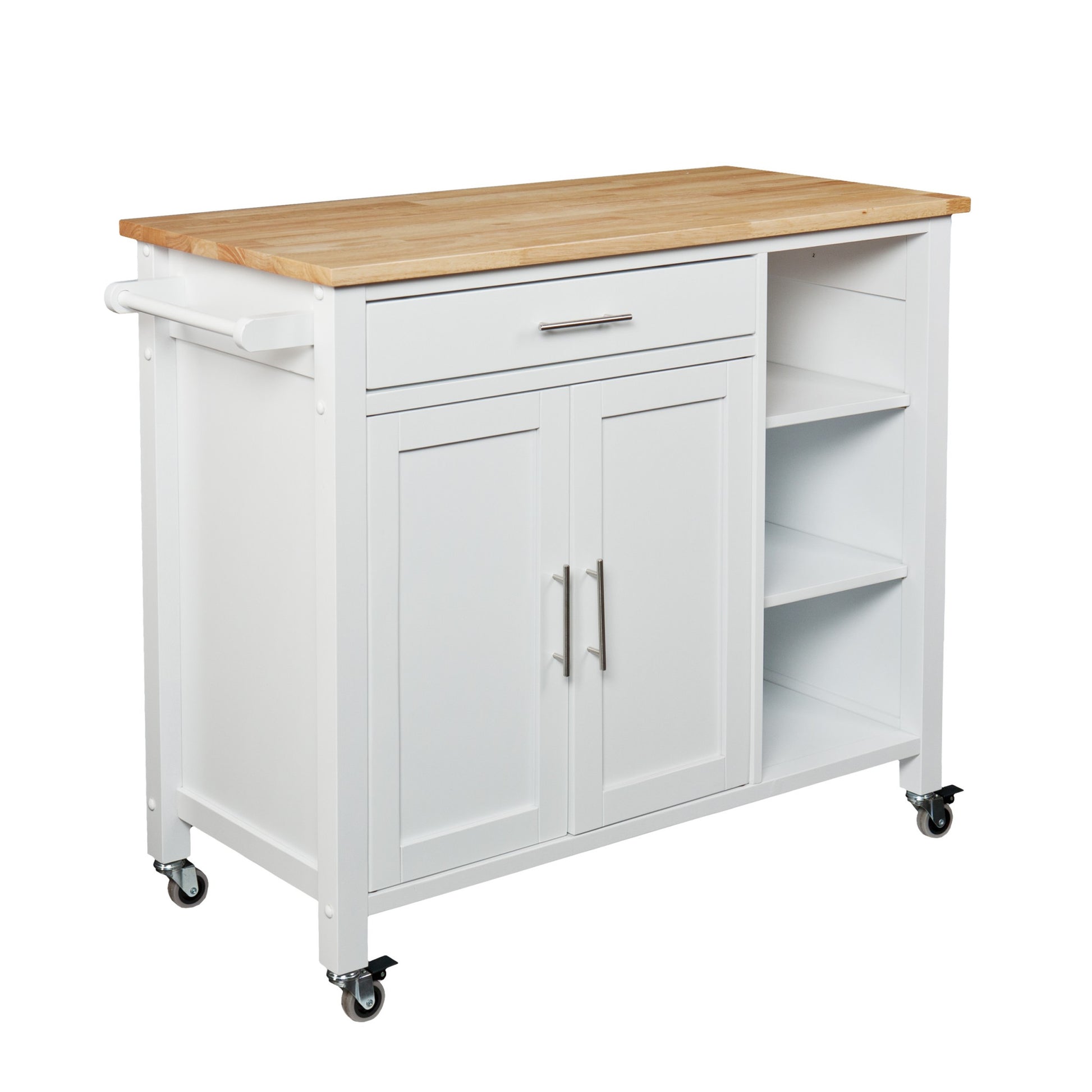 42" Natural and White Butcher Block and Iron Rolling Kitchen Cart With Storage-Kitchen Carts-Islands-DECOROLALA