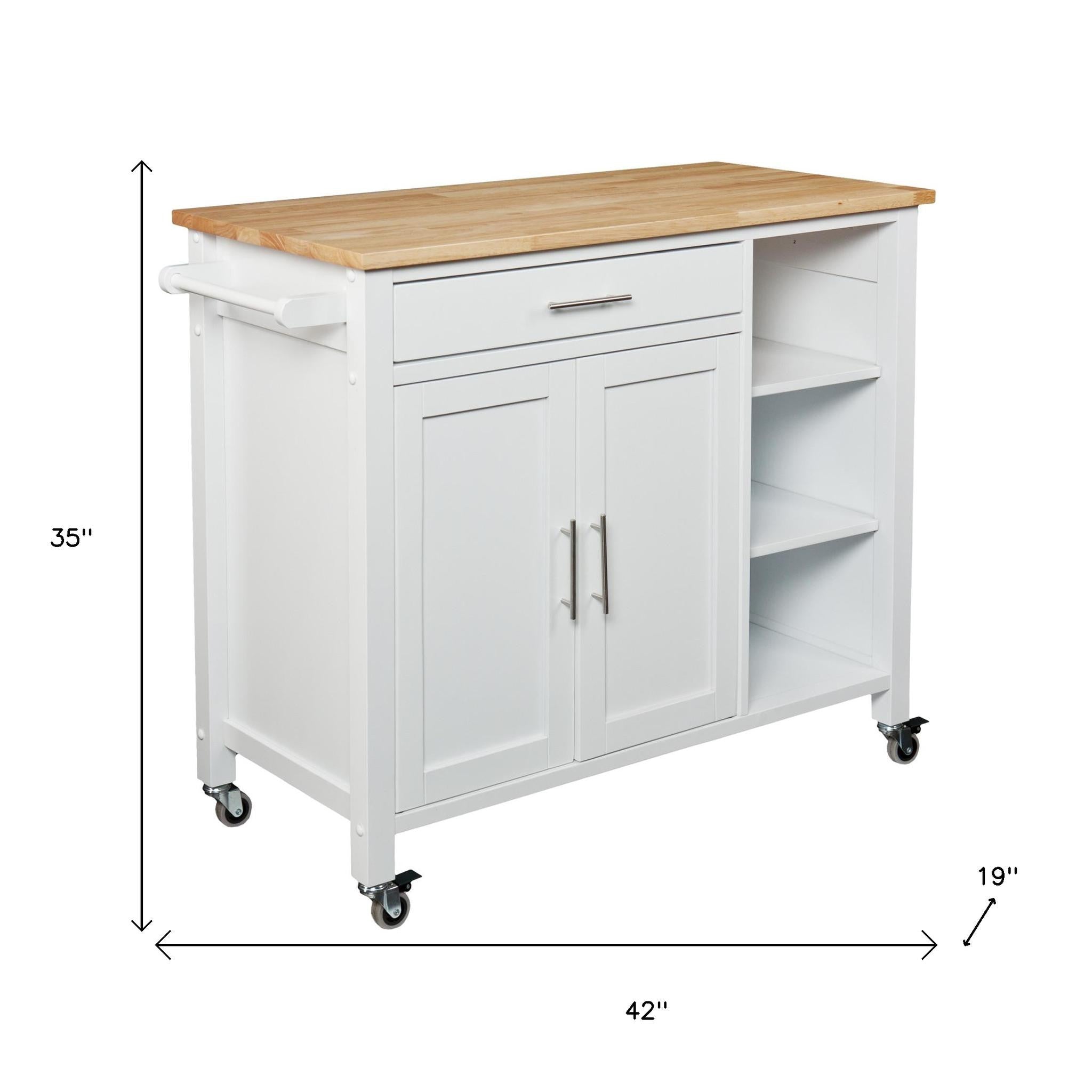 42" Natural and White Butcher Block and Iron Rolling Kitchen Cart With Storage-Kitchen Carts-Islands-DECOROLALA