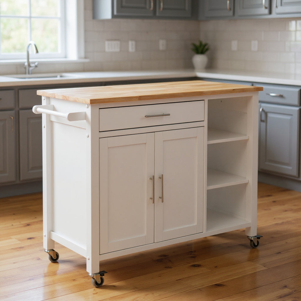 42" Natural and White Butcher Block and Iron Rolling Kitchen Cart With Storage-Kitchen Carts-Islands-DECOROLALA
