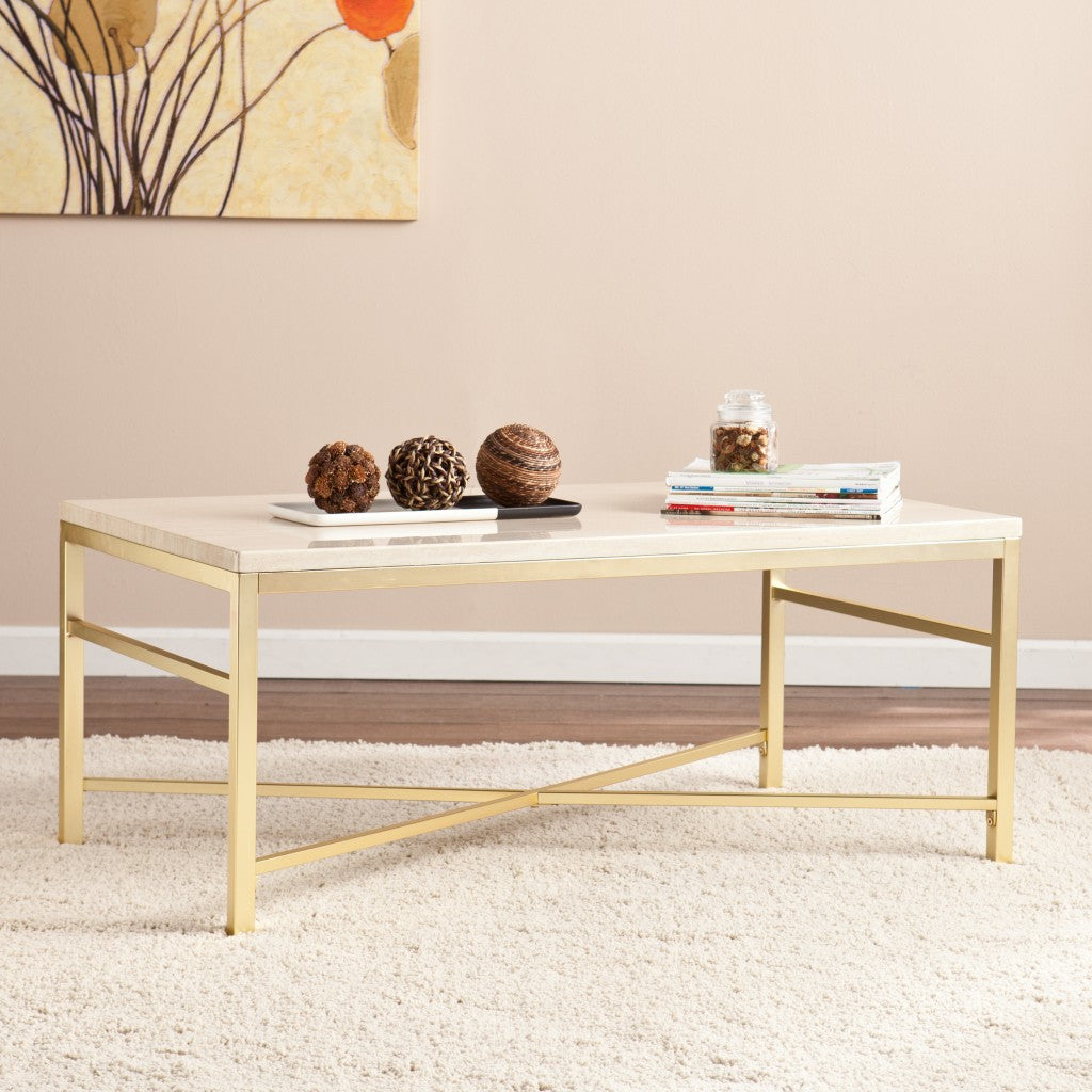 42" Off White Manufactured Wood And Metal Rectangular Coffee Table-Coffee Tables-DECOROLALA