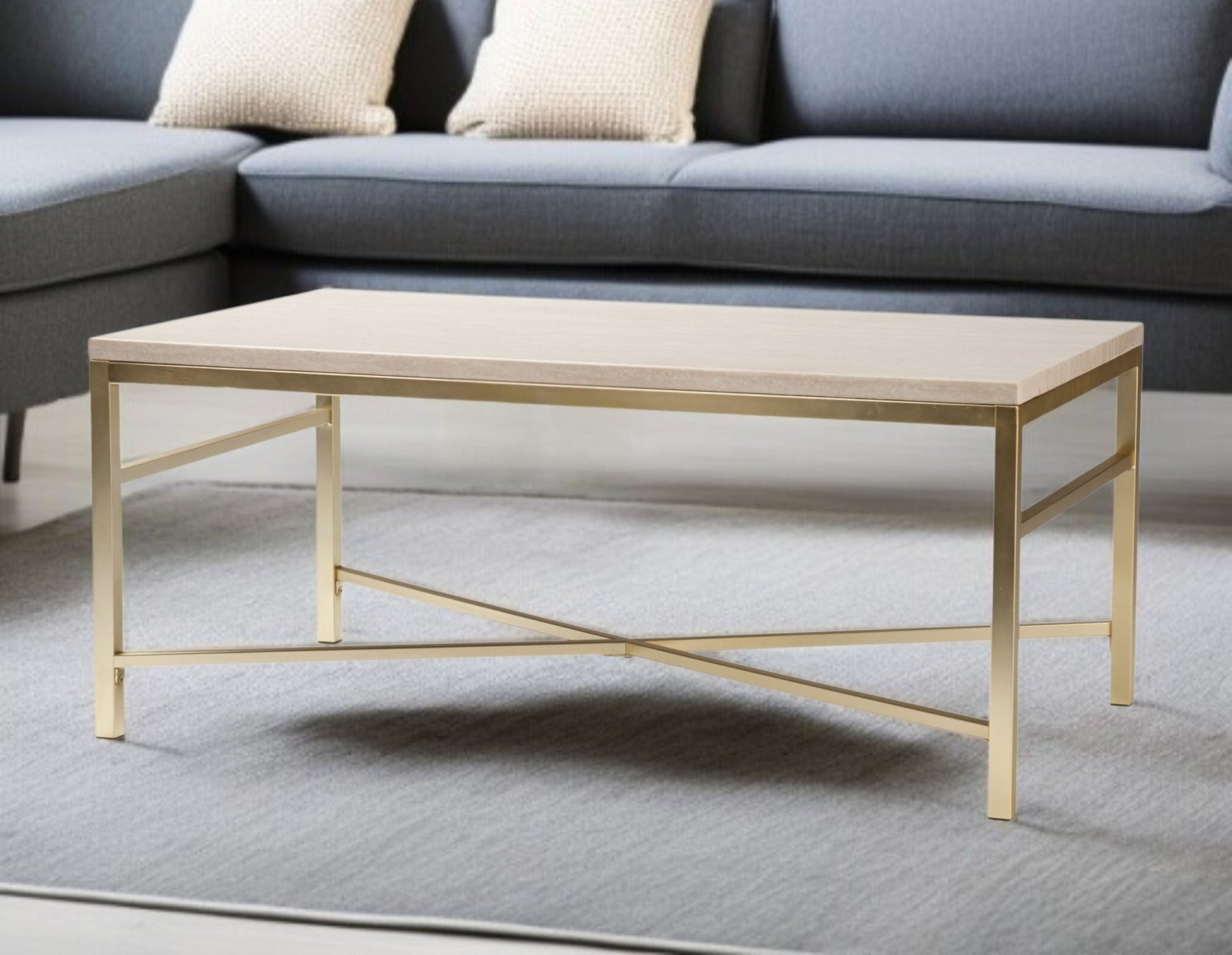 42" Off White Manufactured Wood And Metal Rectangular Coffee Table-Coffee Tables-DECOROLALA