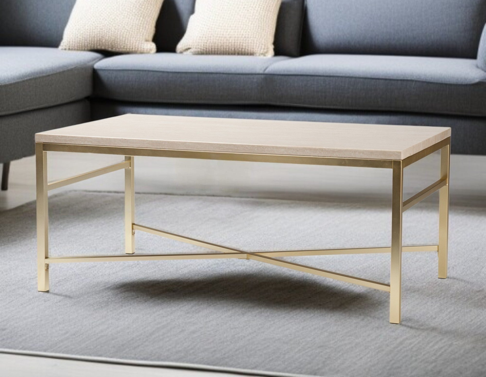 42" Off White Manufactured Wood And Metal Rectangular Coffee Table-Coffee Tables-DECOROLALA