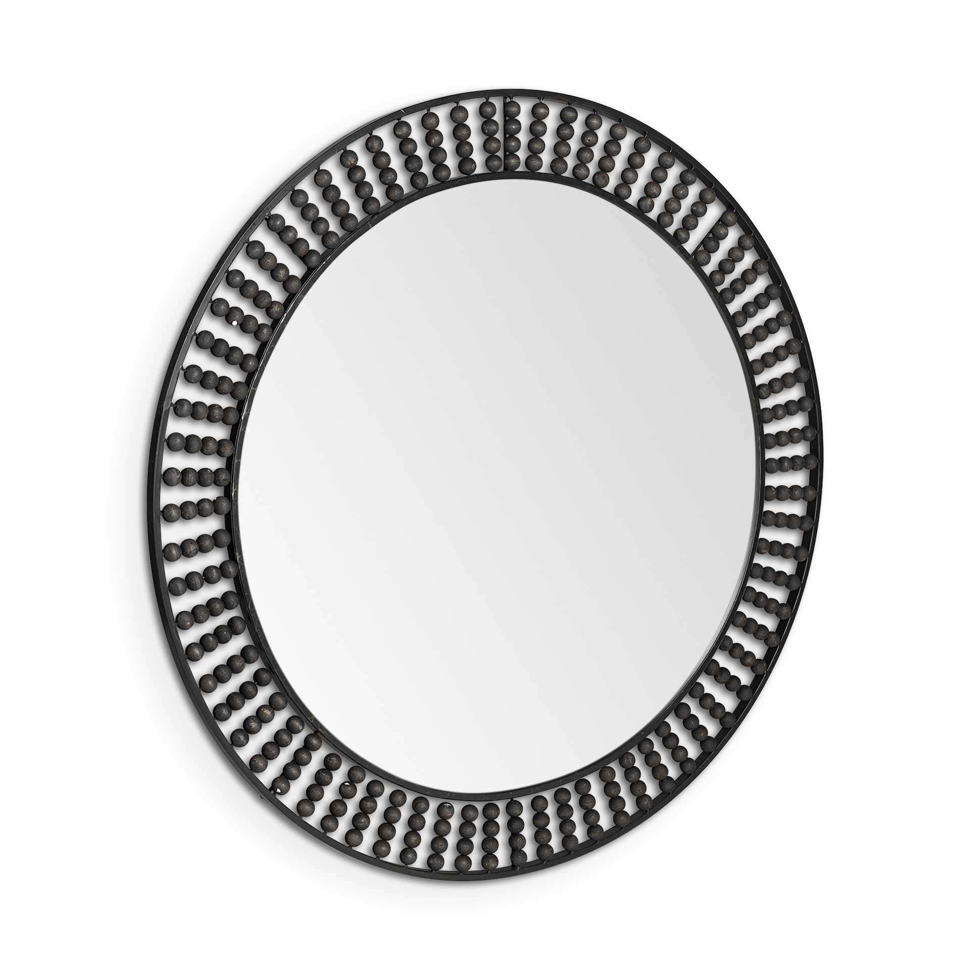 42" Round Black Metal Frame Wall Mirror With Wood Beads-Mirrors-DECOROLALA