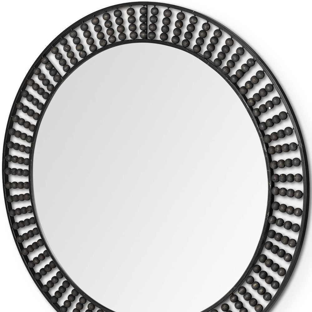 42" Round Black Metal Frame Wall Mirror With Wood Beads-Mirrors-DECOROLALA