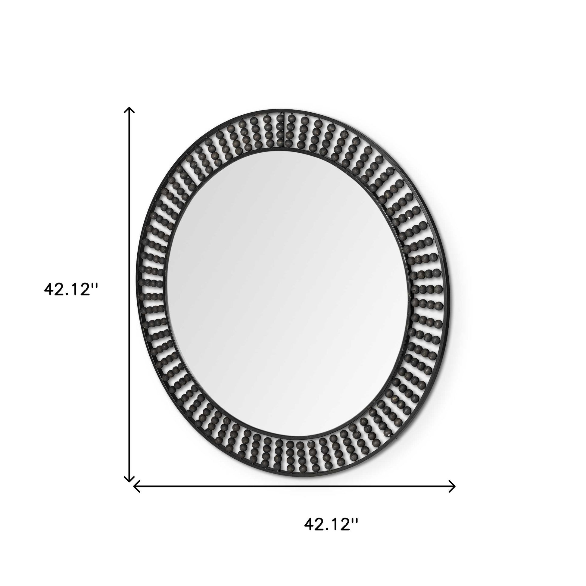 42" Round Black Metal Frame Wall Mirror With Wood Beads-Mirrors-DECOROLALA