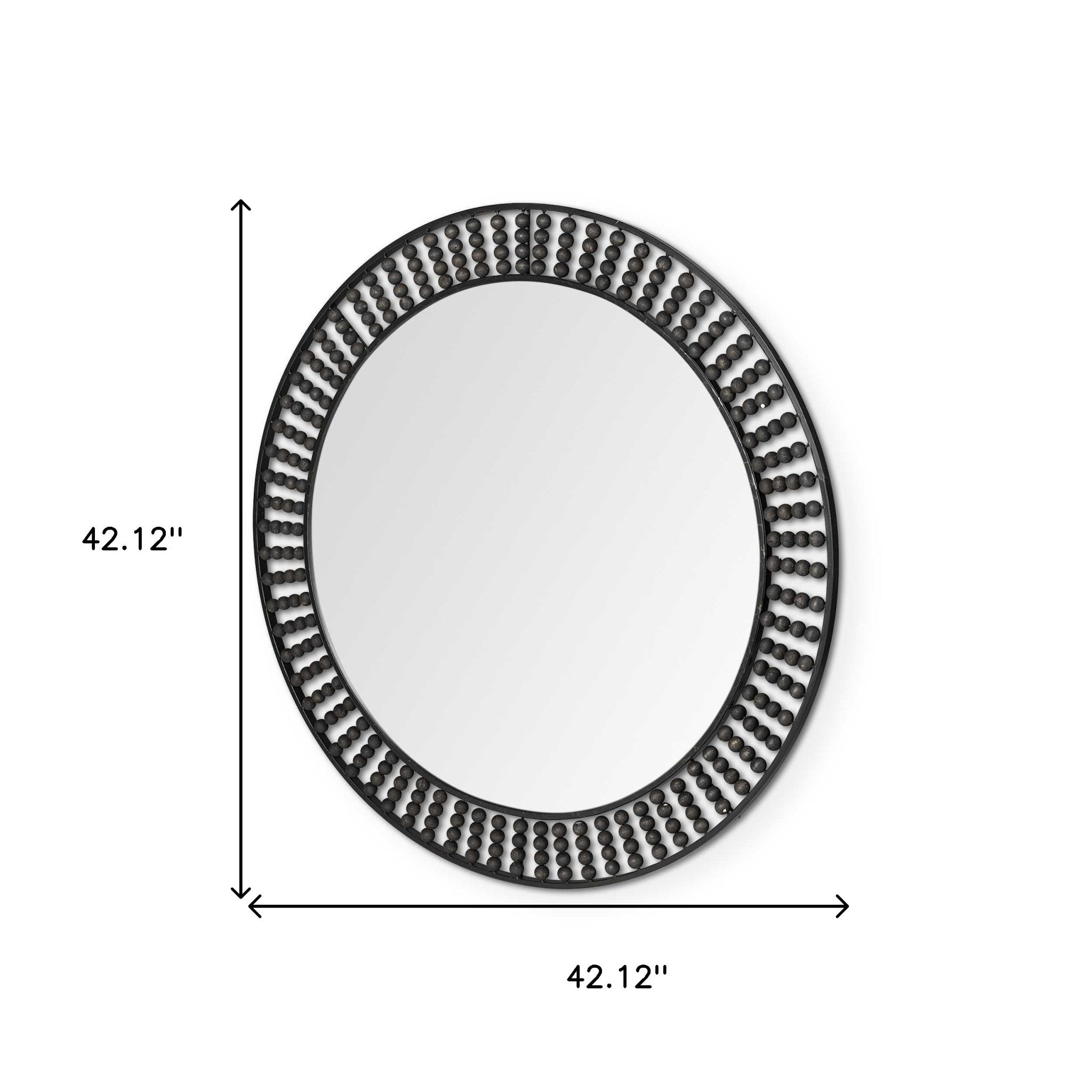 42" Round Black Metal Frame Wall Mirror With Wood Beads-Mirrors-DECOROLALA