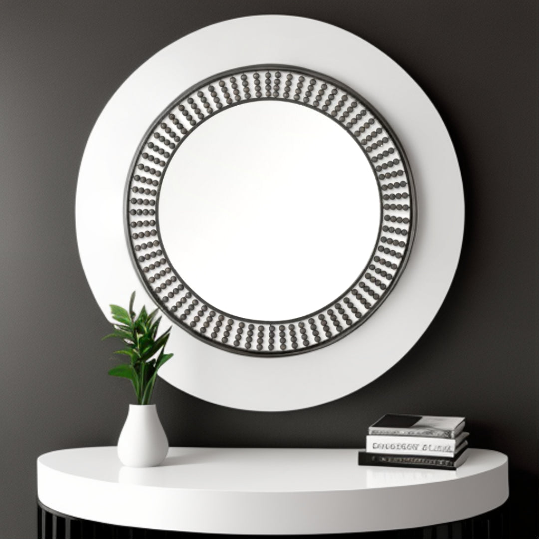 42" Round Black Metal Frame Wall Mirror With Wood Beads-Mirrors-DECOROLALA