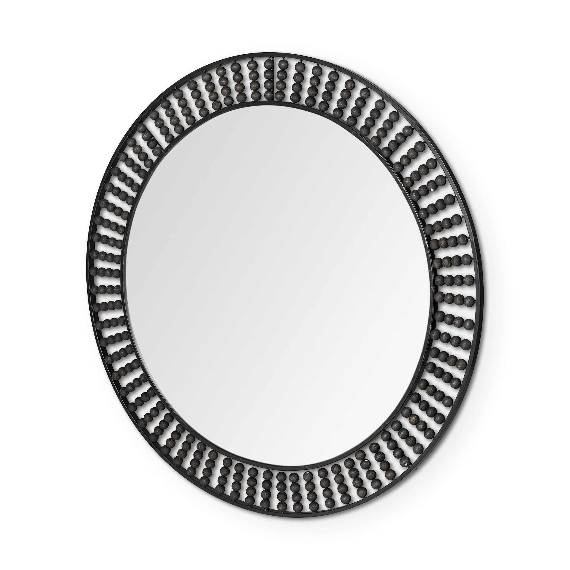 42" Round Black Metal Frame Wall Mirror With Wood Beads-Mirrors-DECOROLALA