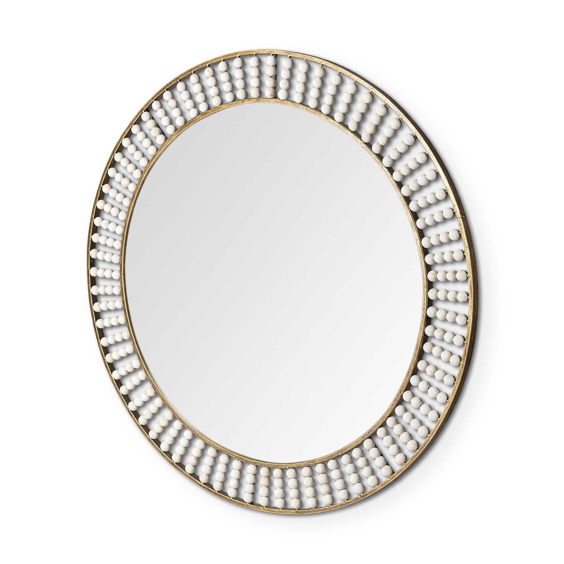 42" Round Gold Metal Frame Wall Mirror With White Wood Beads-Mirrors-DECOROLALA
