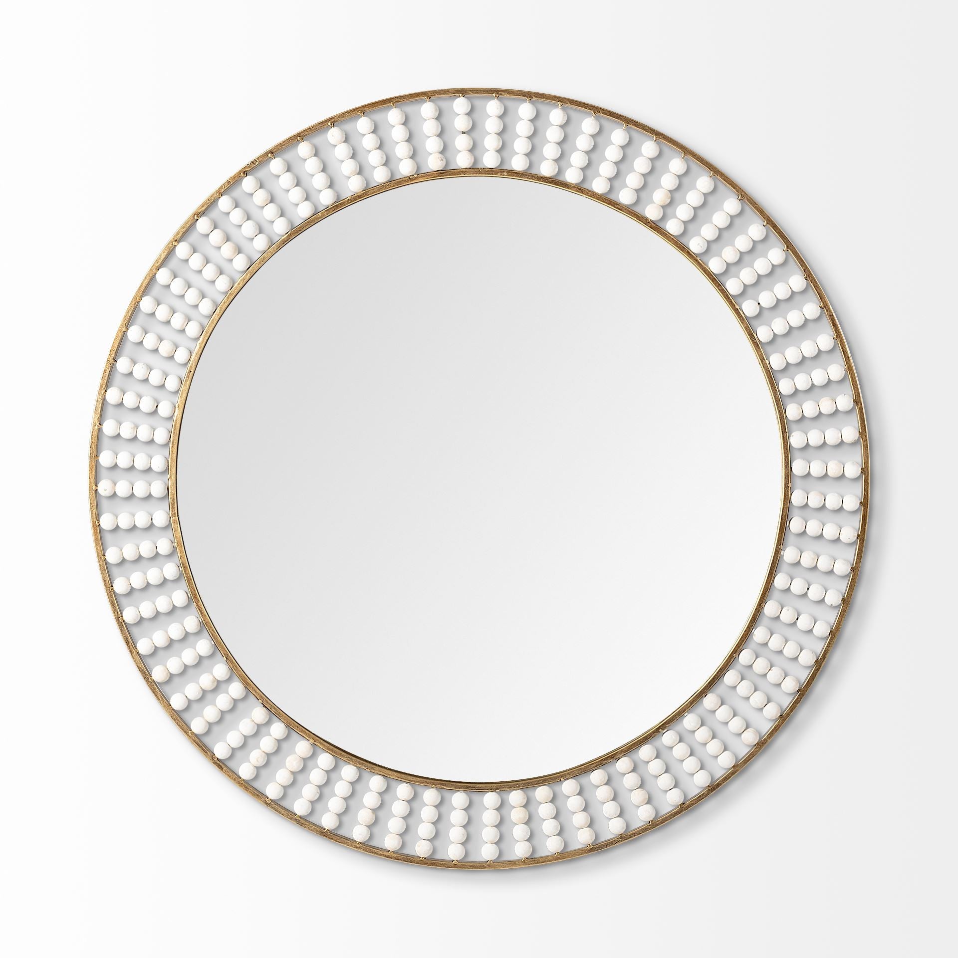 42" Round Gold Metal Frame Wall Mirror With White Wood Beads-Mirrors-DECOROLALA