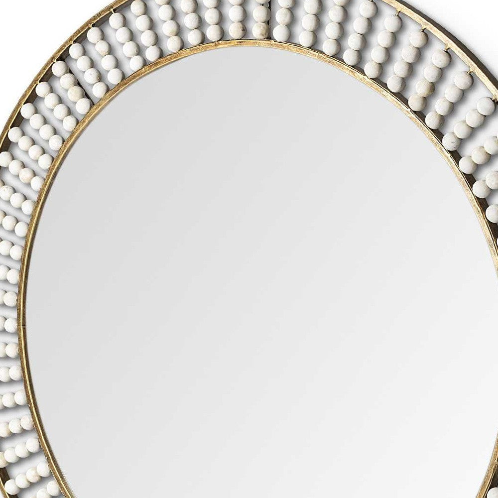 42" Round Gold Metal Frame Wall Mirror With White Wood Beads-Mirrors-DECOROLALA
