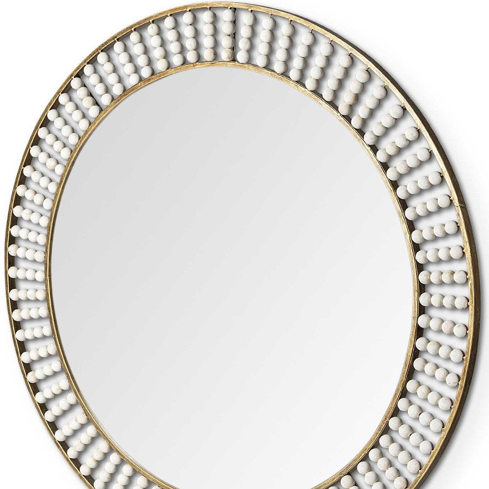 42" Round Gold Metal Frame Wall Mirror With White Wood Beads-Mirrors-DECOROLALA