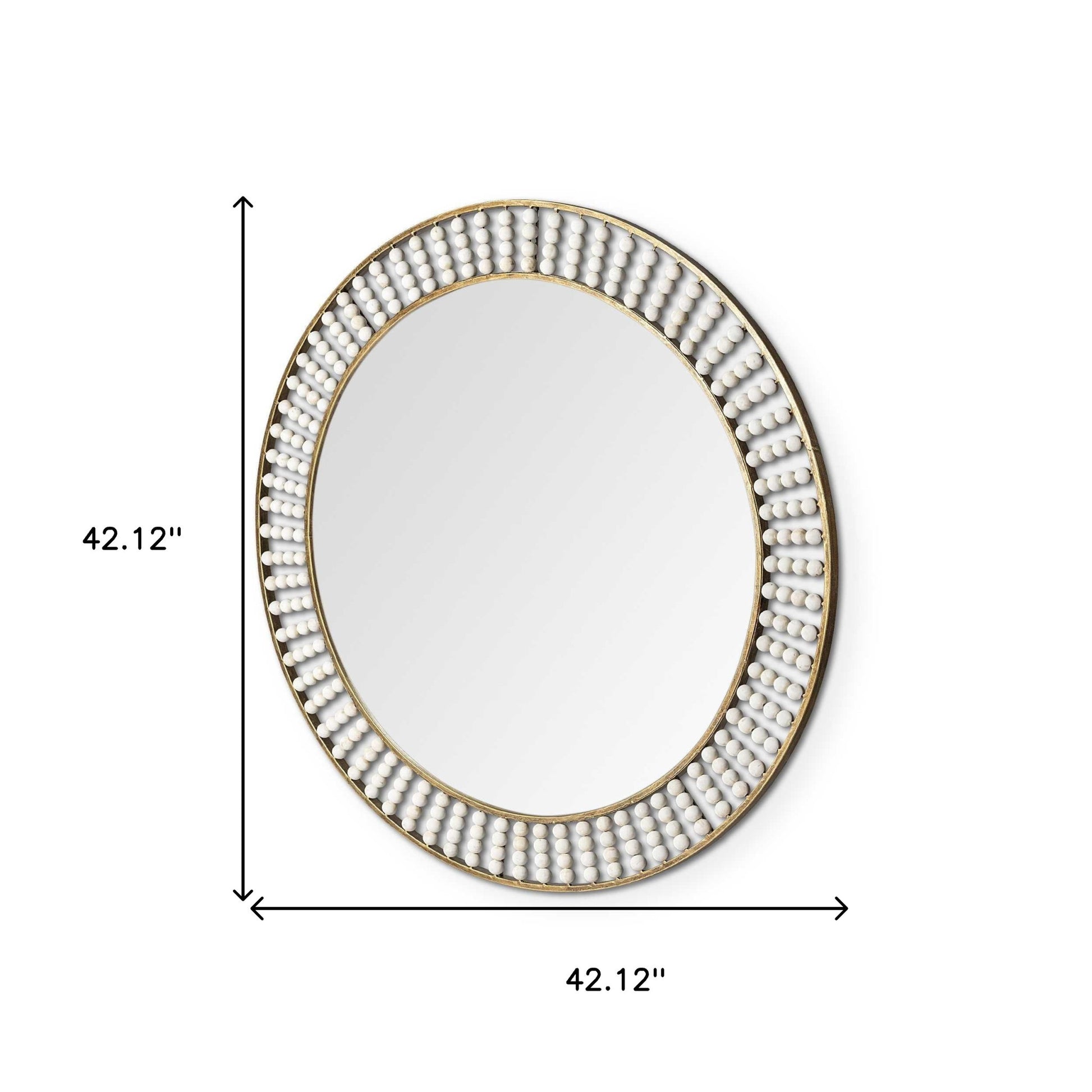 42" Round Gold Metal Frame Wall Mirror With White Wood Beads-Mirrors-DECOROLALA