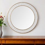 42" Round Gold Metal Frame Wall Mirror With White Wood Beads-Mirrors-DECOROLALA