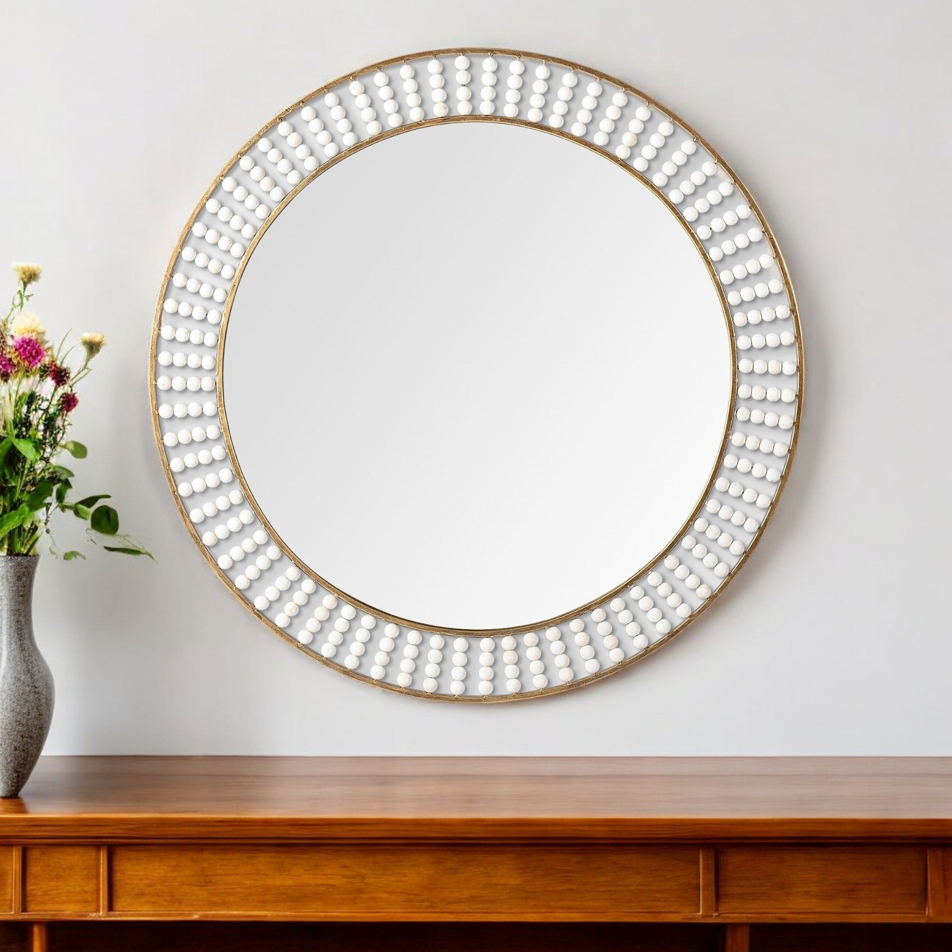 42" Round Gold Metal Frame Wall Mirror With White Wood Beads-Mirrors-DECOROLALA