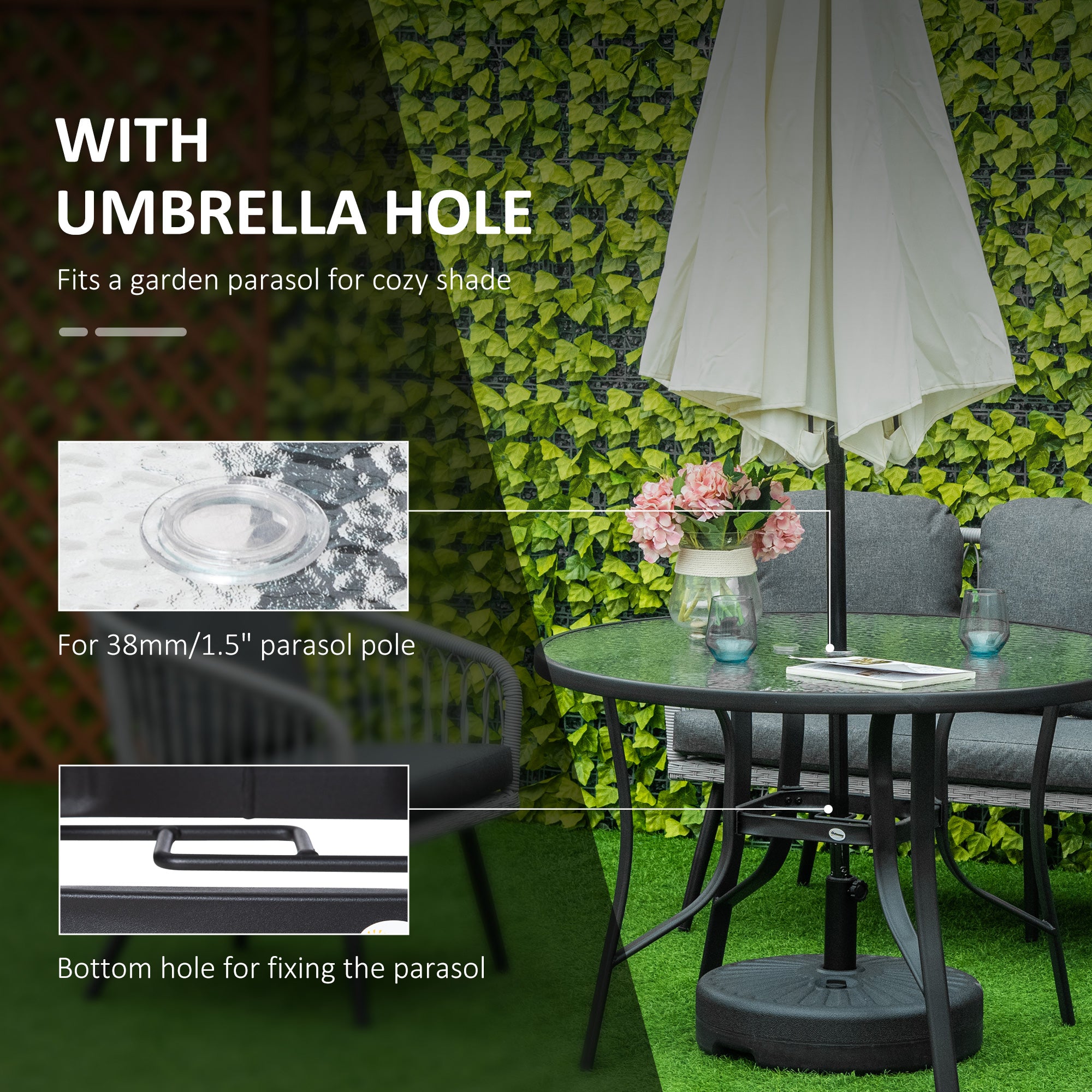 42" Round Patio Dining Table - Black Glass Steel-DECOROLALA