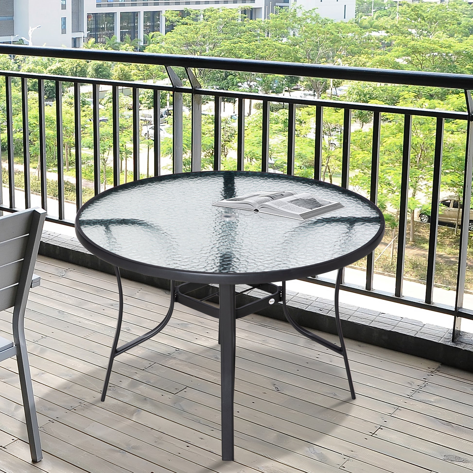 42" Round Patio Dining Table - Black Glass Steel-DECOROLALA