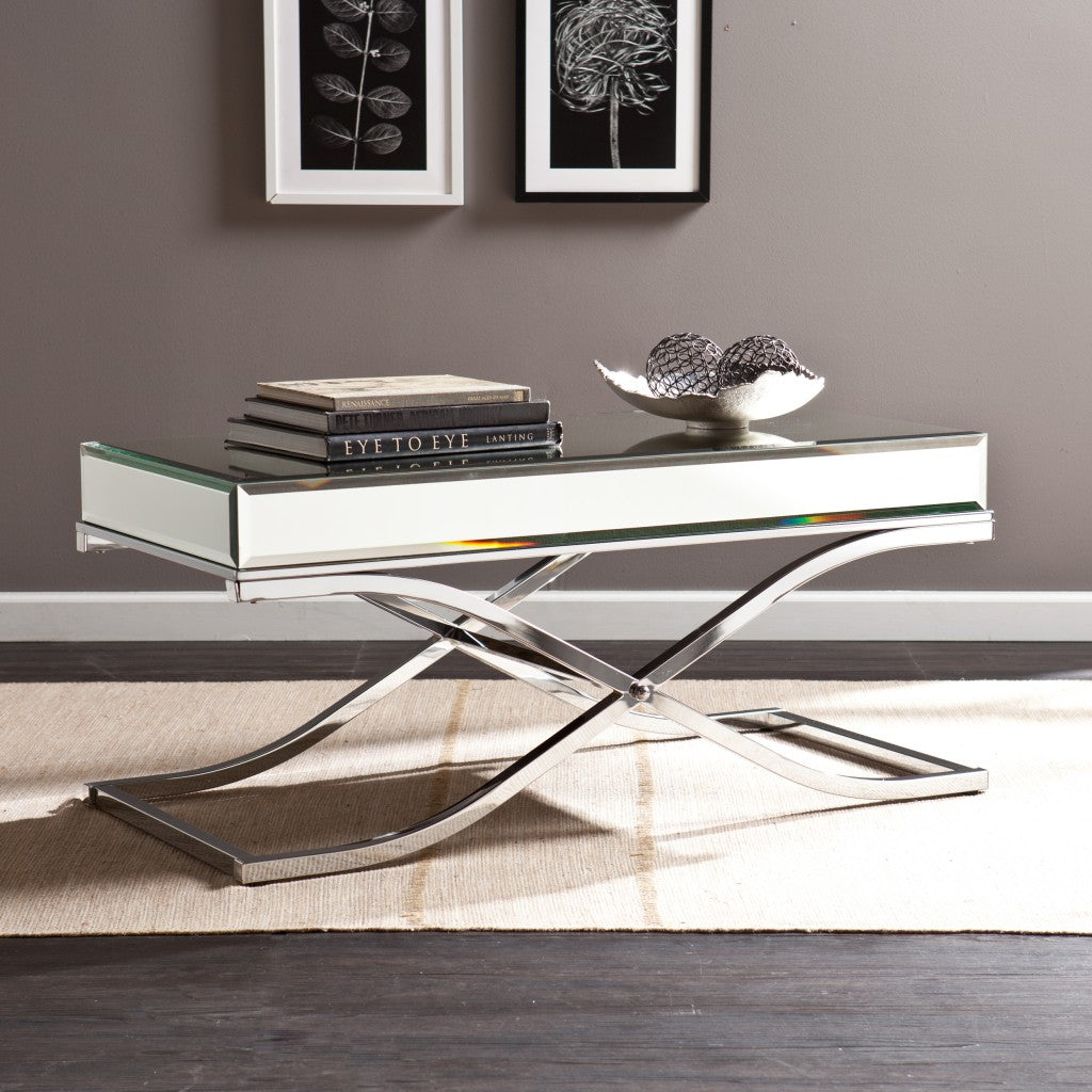 42" Silver Mirrored And Metal Rectangular Mirrored Coffee Table-Coffee Tables-DECOROLALA