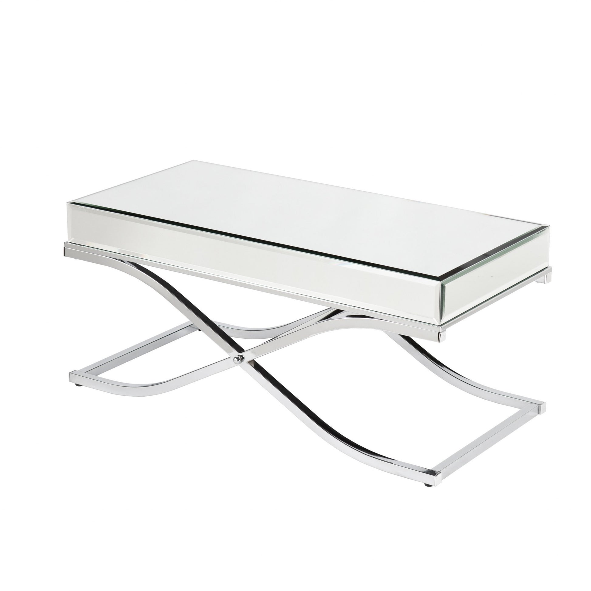 42" Silver Mirrored And Metal Rectangular Mirrored Coffee Table-Coffee Tables-DECOROLALA