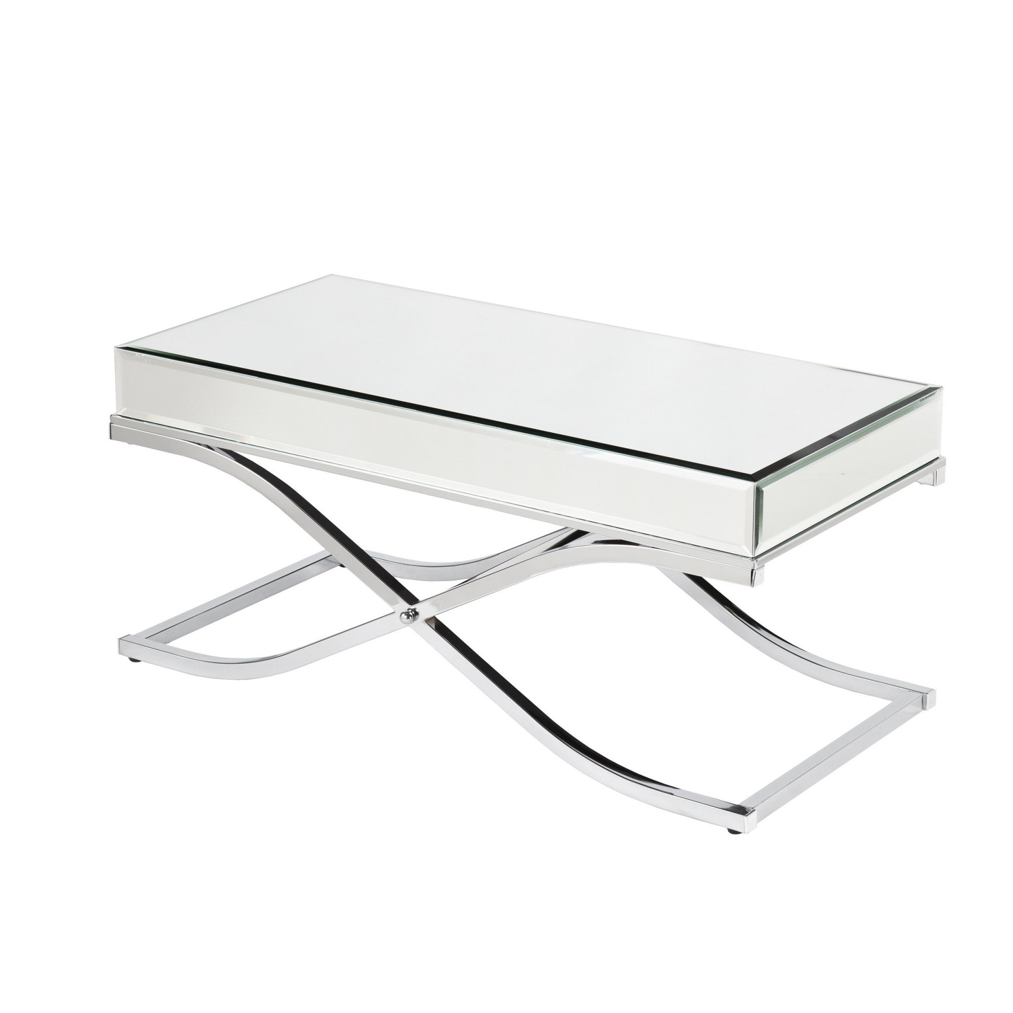42" Silver Mirrored And Metal Rectangular Mirrored Coffee Table-Coffee Tables-DECOROLALA