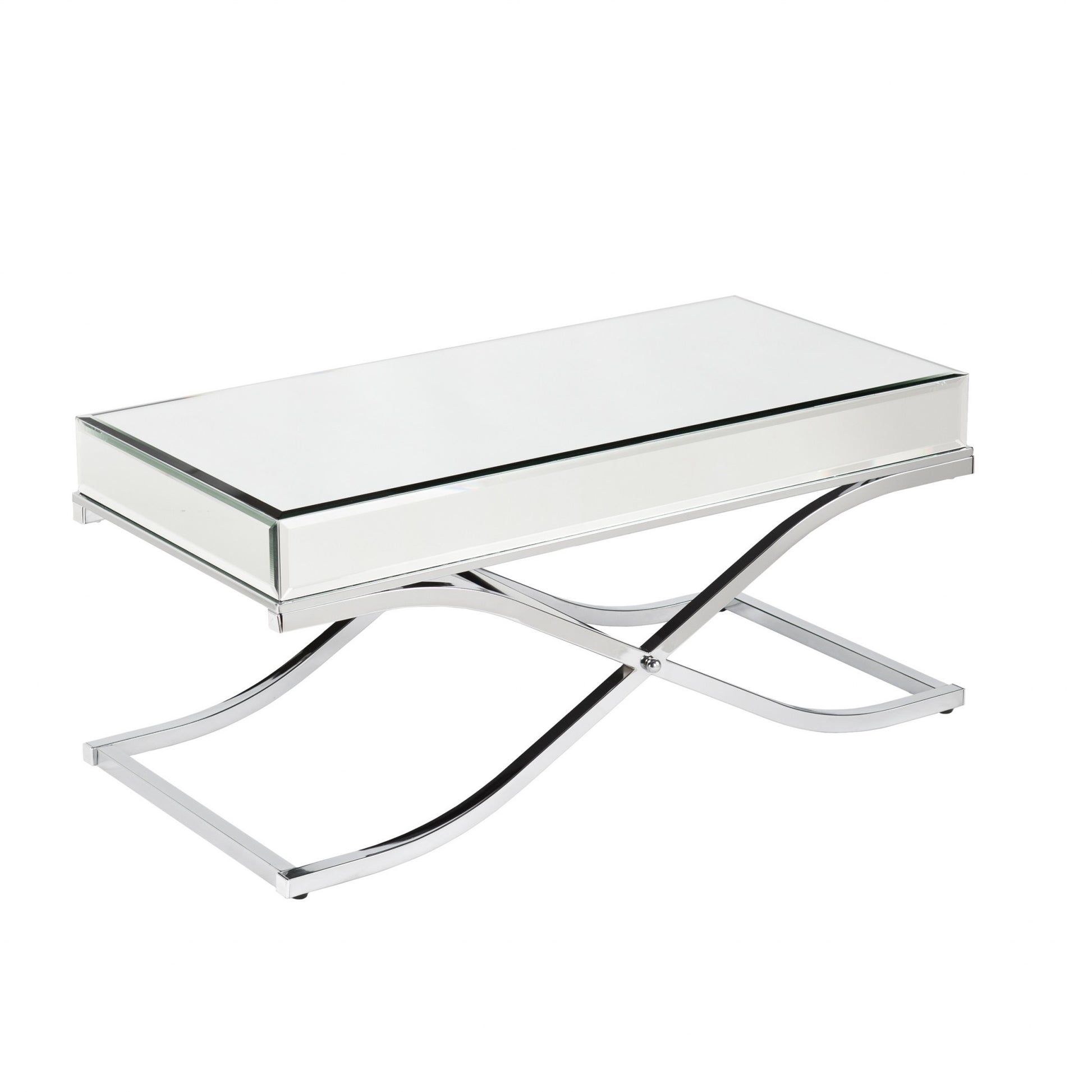 42" Silver Mirrored And Metal Rectangular Mirrored Coffee Table-Coffee Tables-DECOROLALA