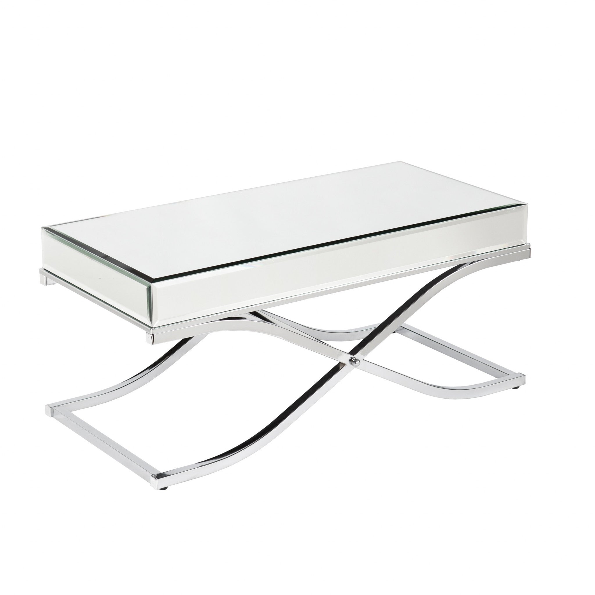 42" Silver Mirrored And Metal Rectangular Mirrored Coffee Table-Coffee Tables-DECOROLALA